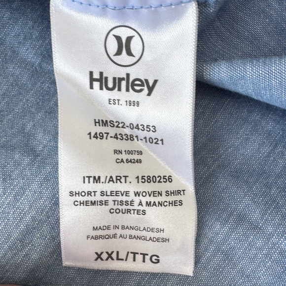 Hurley Men's Chambray Woven Short Sleeve‎ Button Up Cotton Shirt Blue XXL Casual - Picture 9 of 14